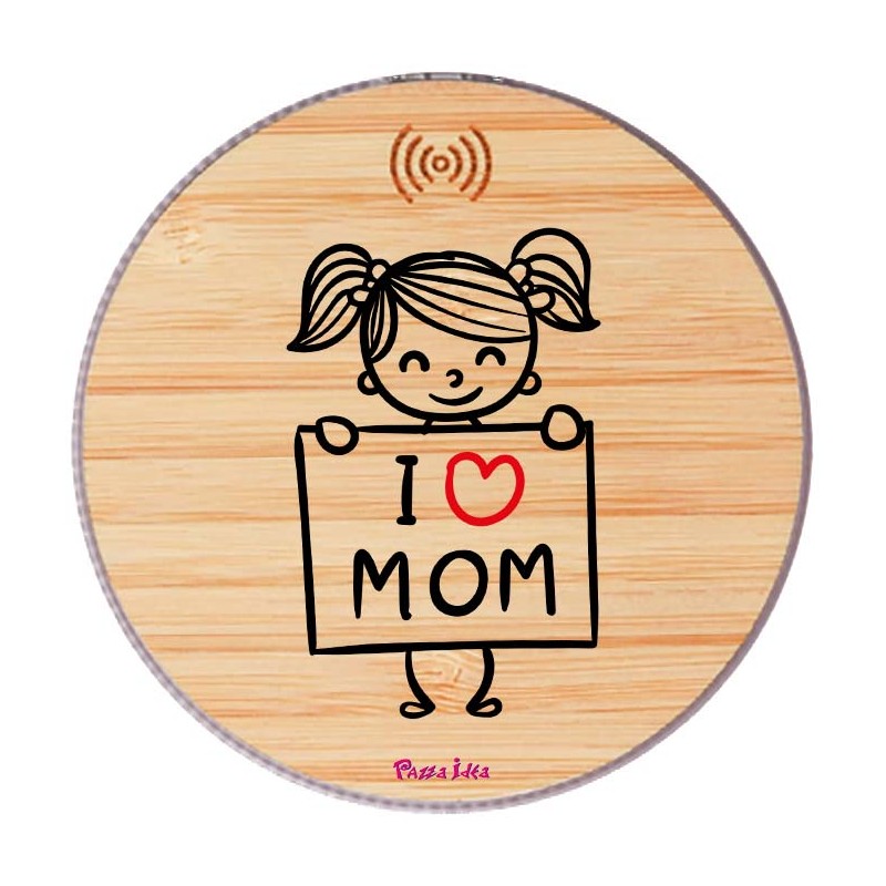 Base di ricarica wireless in bambù con stampa i love mom festa della mamma