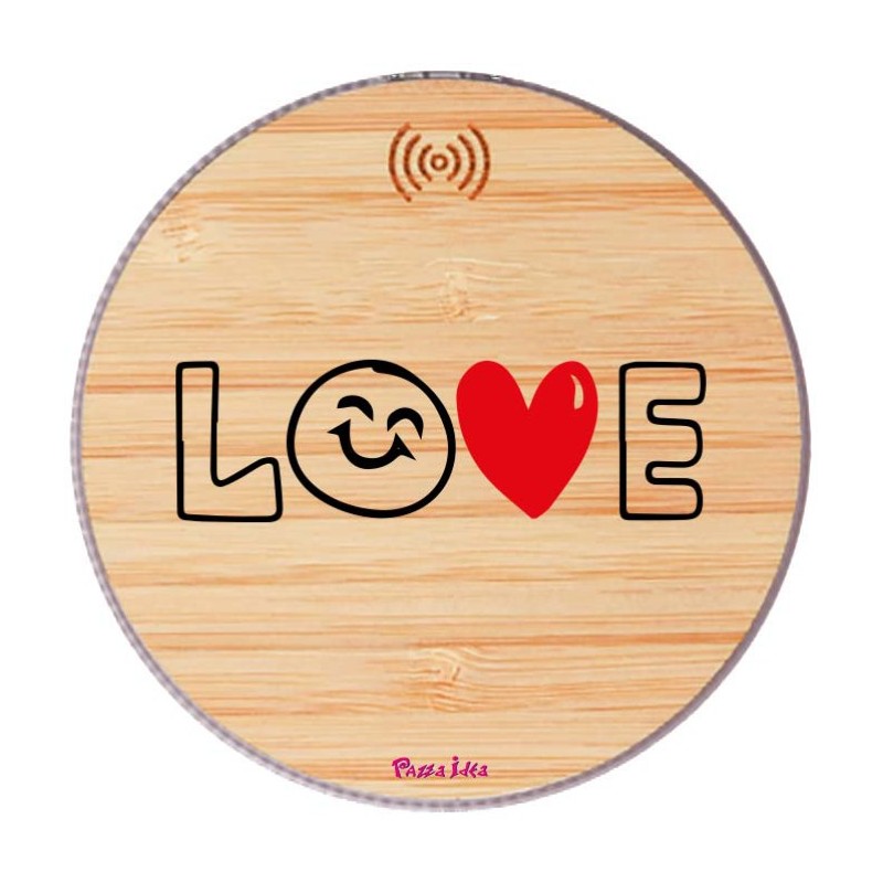 Base di ricarica wireless in bambù con stampa san valentino scritta love (include cavo USB da 30cm)