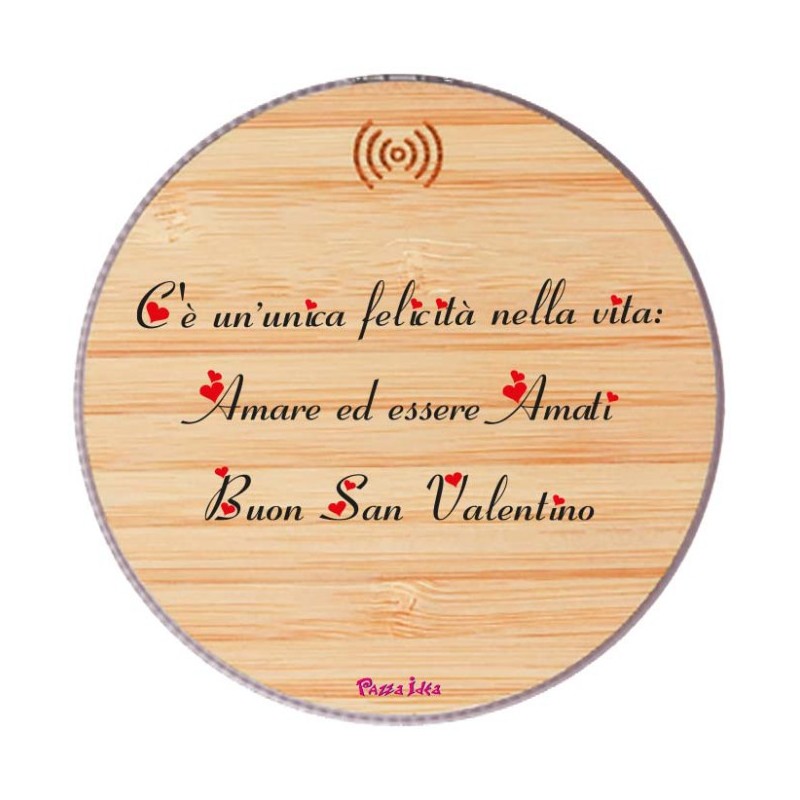 Base di ricarica wireless in bambù con stampa san valentino scritta unica felicità (include cavo USB da 30cm)