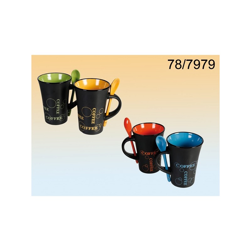 Tazza in ceramica nera, Coffee con cucchiaino, ca. 12 x 9 cm, 4 colori ass.