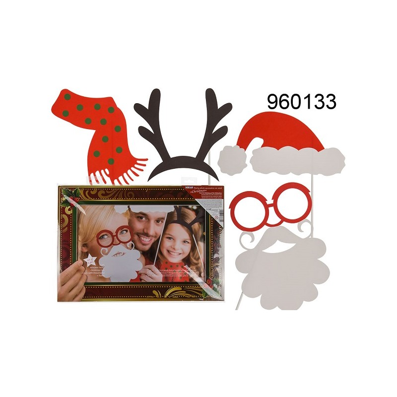  Accessori da party per foto su bastoncino con cornice, Natale, (sciarpa, corna di renna, cappellino natalizio, occhiali con ba