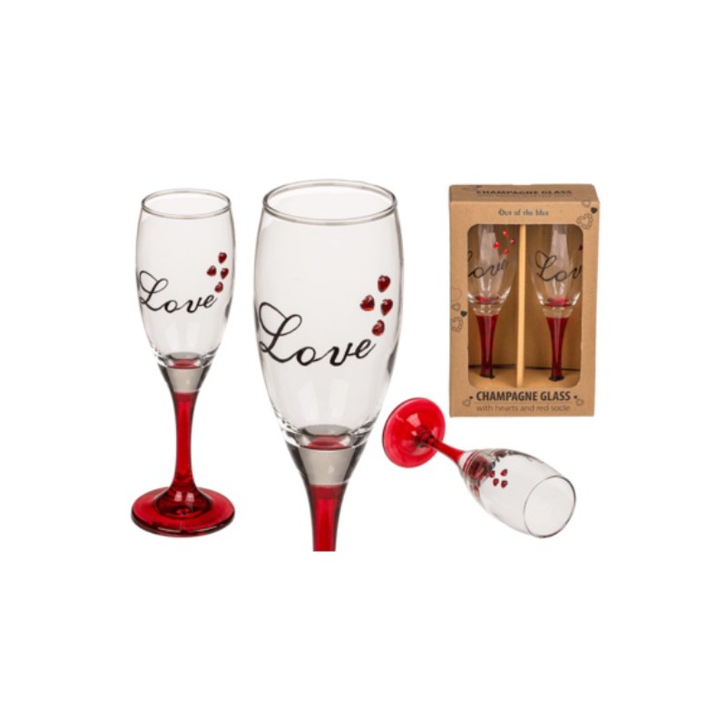 Calice per Champagne con cuori e base rossa,Love, ca. 5 x 20 cm, set da 2, in confezione di carta rinforzata