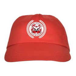 Cappellino rosso  in tessutto con visiera stampa calcio bianco rosso