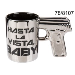 Tazza argentata in terraglia con manico pistola, Hasta la vista baby, 16 x 10 cm, EAN 4029811342761