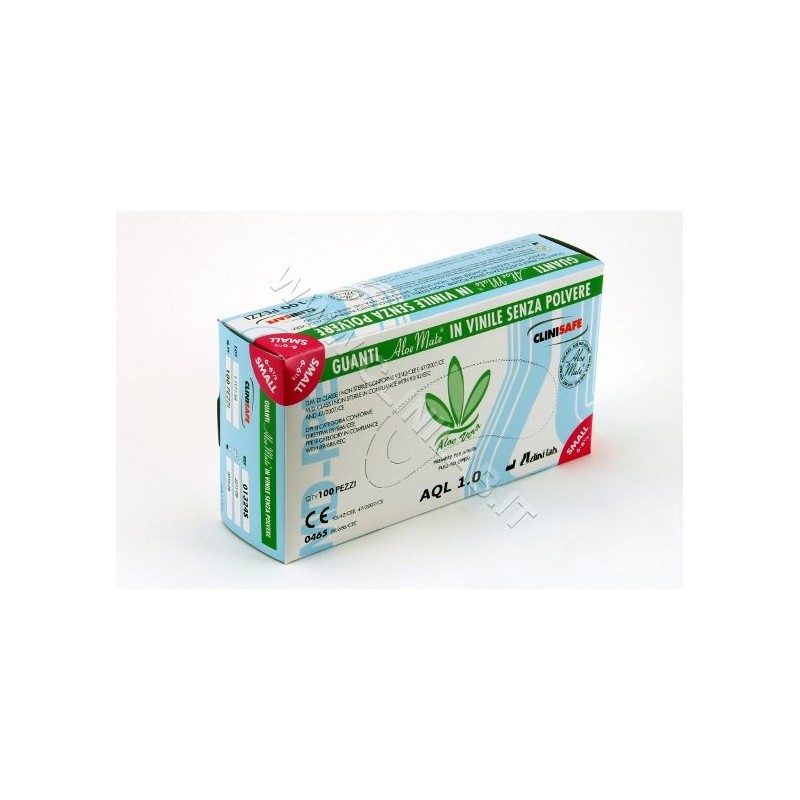 CliniSafe Aloe Mate guanti in vinile elasticizzato con gel di Aloe Vera, senza polvere, non sterili, Dual CE DM classe I e DPI 