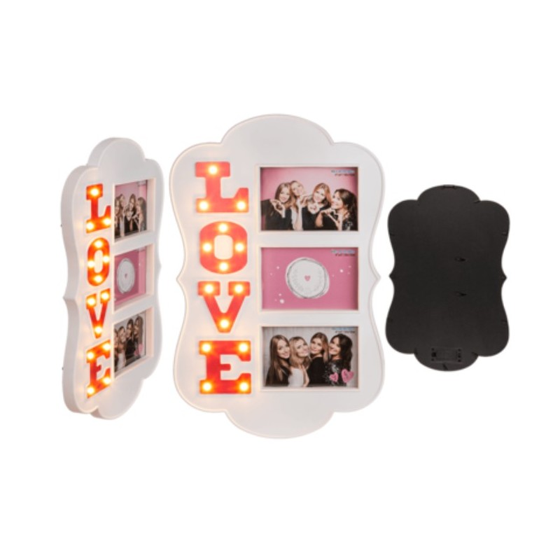 Cornice portafoto in plastica illuminata love con 14 LED 48 x 32 cm, per 3 foto 10 x 15 cm