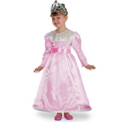 Costume Cenerentola per bambina. Composto da un abito lungo rosa con maniche a sbuffo e coroncina. Vestito da principessa