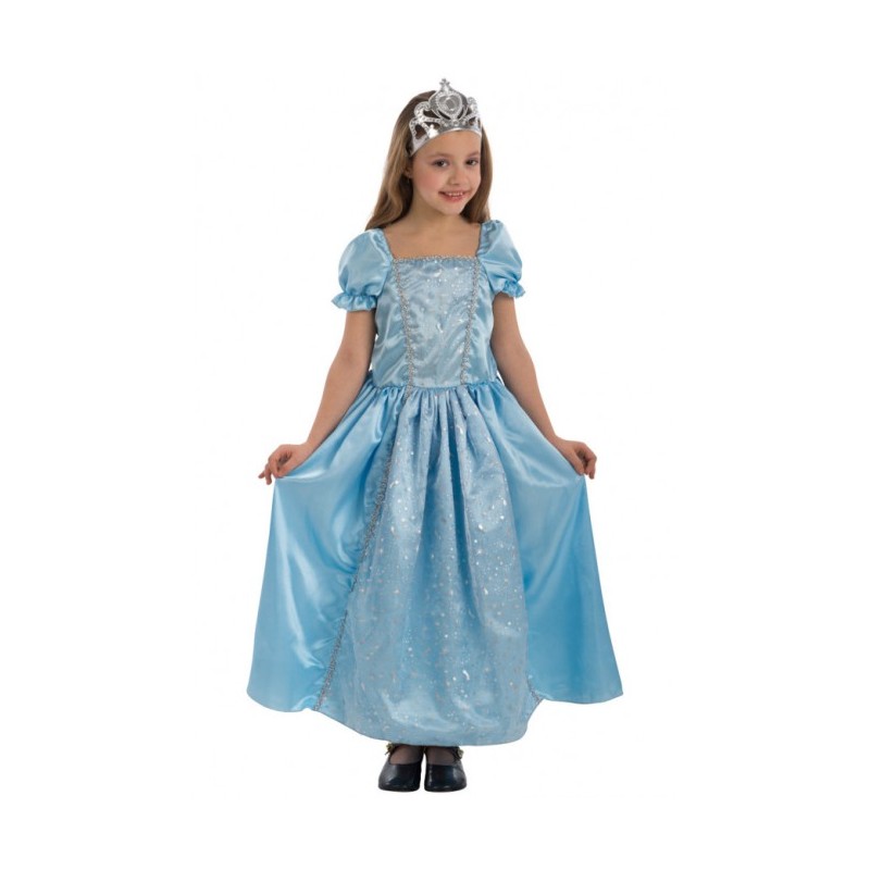 Costume da principessa azzurra per bambina. Comprende un abito lungo in tessuto azzurro con decori in paillettes. taglia 6/7 an