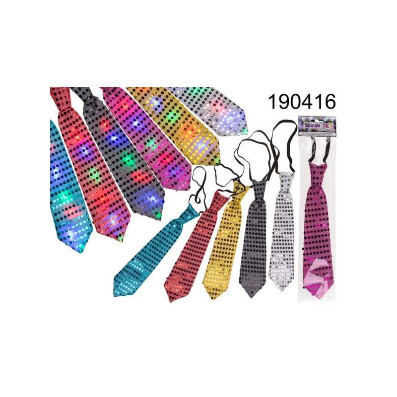 Cravatta in paillettes con 6 LED intermittenti, (pile incl.) 100% poliestere, 6 colori ass., ca. 31 cm, in busta di plastica co