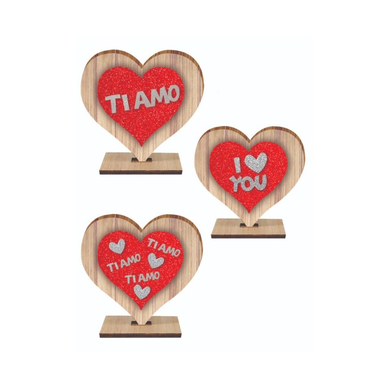 CUORE DA TAVOLO 10 cm IN LEGNO E GLITTER ORDINE MINIMO 9 PZ. ASSORTITI