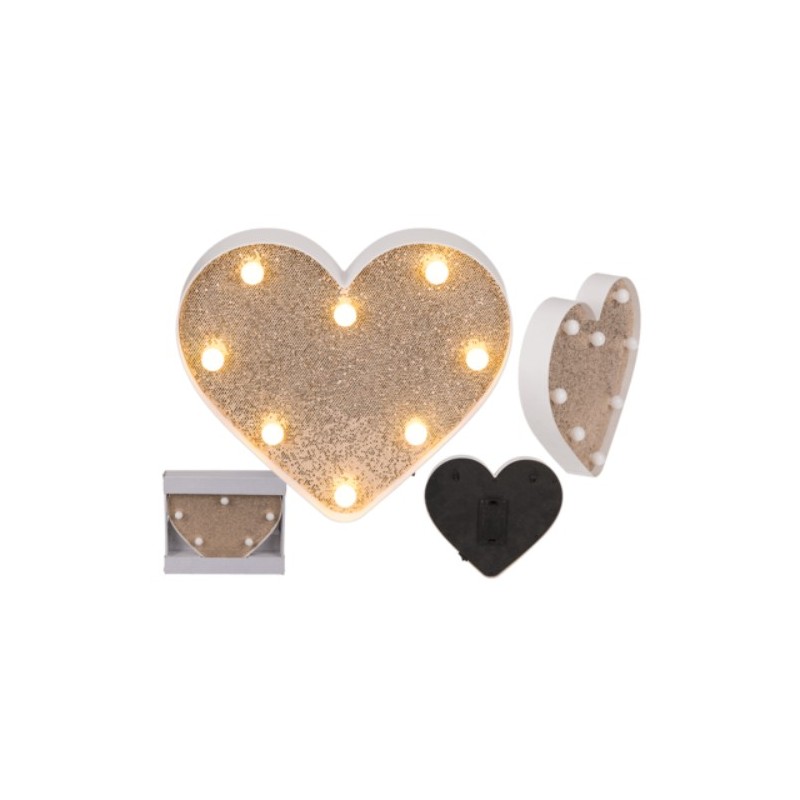 Cuore illuminato in plastica, Golden Glitter,con 8 LED, ca. 20 cm, per 2 pile mignon (AA)