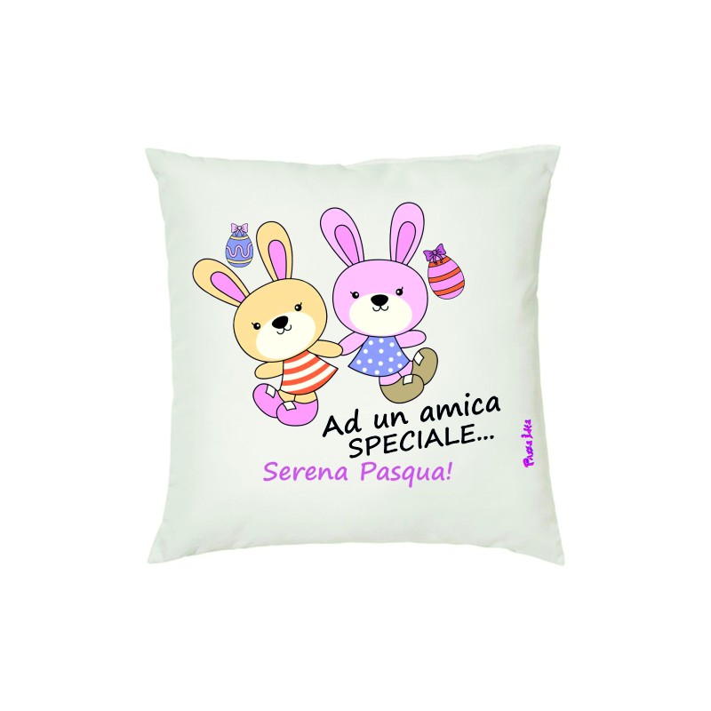 Cuscino pazza idea  in poliestere 40x40 con frase ad un amica speciale serena pasqua