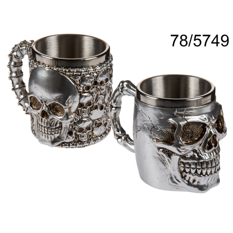  Tazza argentata in poliresina con pietre di vetro con supporto acciaio inossidabile, Skull, ca 16 x 12 cm, 2 ass.