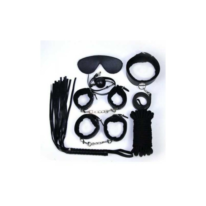 00904345 Kit Bondage Set Manette Corda Benda Collare Frusta e Morso BallGag NERO