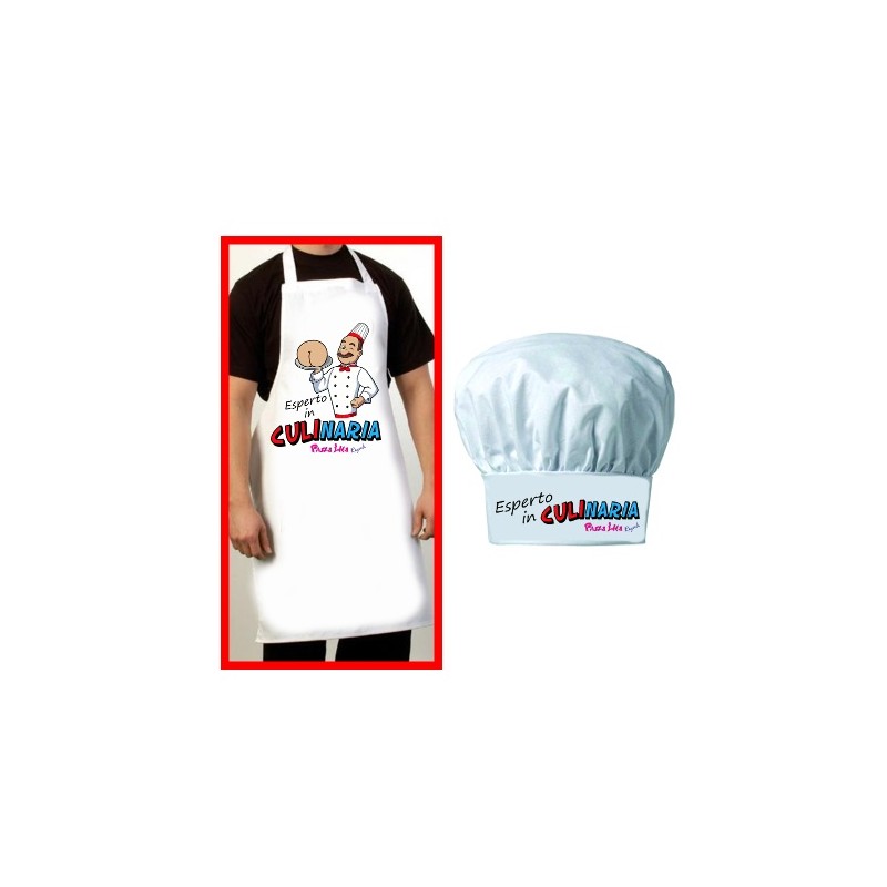 Grembiule con Cappello cuocon bianco con scritta sexy Esperto in CULInaria