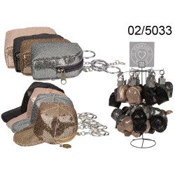 02/5033 - Portamonete glitter con portachiavi in metallo, Basecap & Backpack, 2 ass. & 4 colori ass., 36 pz. su display, 576/PA