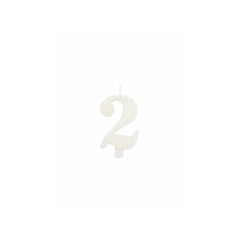 1 candela cm 9.5 numero due glitter bianco