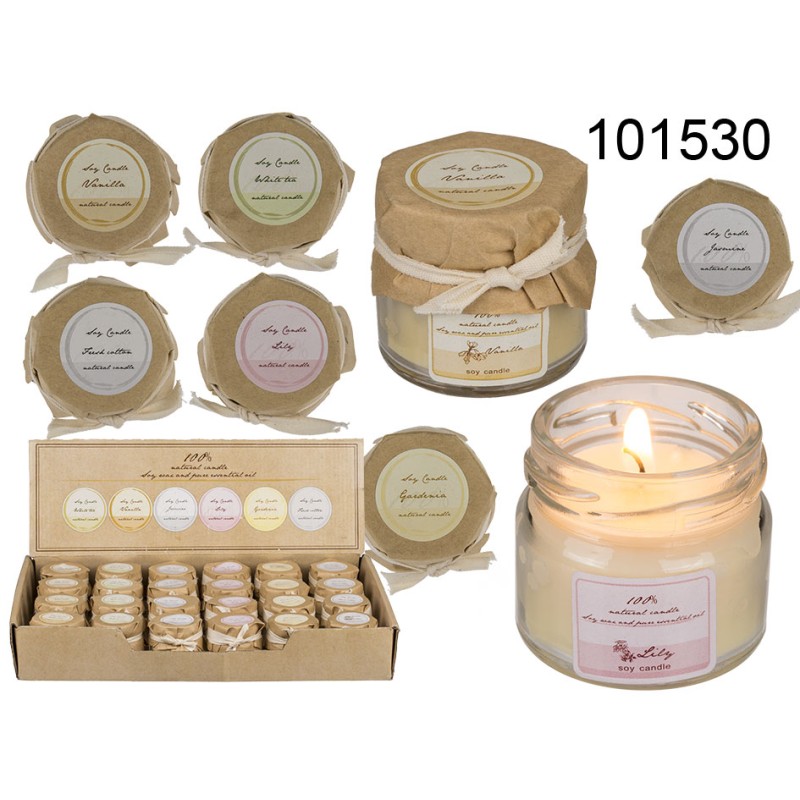 101530 - Candela con cera naturale (White Tea, Vanilla, Lily, Jasmine, Gardenia, French Cotton) ca. 4,5 x 4 cm, 24 pz. per disp