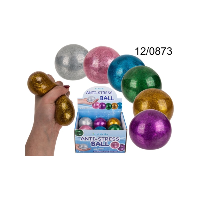 12/0873 - Palla d'acqua squeeze glitter, ca. 7 cm, 12 pz. per display, 6 colori ass.,