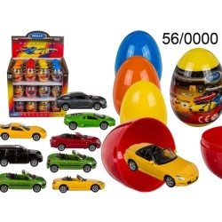 Macchinina in metallo e plastica, in uovo di plastica, ca. 9 cm (auto ca. 7,5 cm), 12 ass., 36 pz. per display, EAN 40298113882