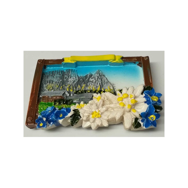 magnete quadro  con paesaggio e stelle alpine cm 7x5,5