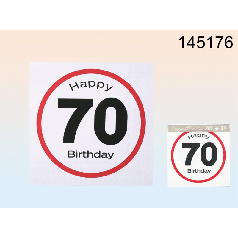 145176 - Tovaglioli di carta, Happy Birthday - 70, ca. 33 x 33 cm, a 3 strati, 20 pz. in sacchetto di plasticaEAN 4029811341573
