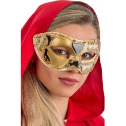 Maschera veneziana assortite  in plastica con decorazioni oro e nere su cartoncino