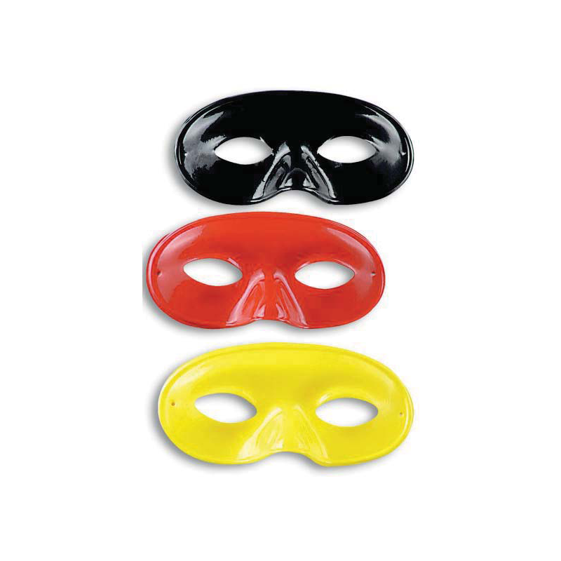 Maschere domino in plastica lucida di colori assortiti nero, giallo e rosso