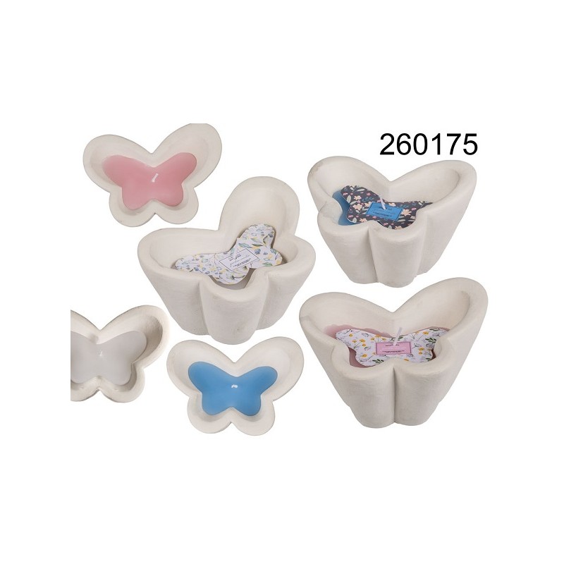 260175 - Candela in vasetto di cemento bianco a forma di farfalla, ca. 13 x 8,5 cm, 3 colori ass., 768/PALEAN 4029811437931