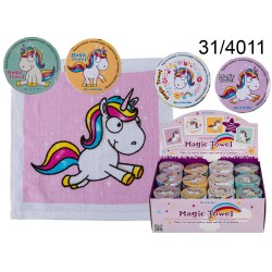 31/4011 - Asciugamano magico in cotone, Comic Unicorno, ca. 30 x 30 cm, 4 ass., 48 pz. per display, 13824/PALEAN 4029811384136