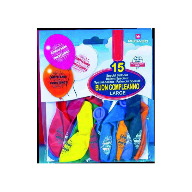 palloncini large  con scritta buon compleanno busta da 15 pezzi diametro 32 mm