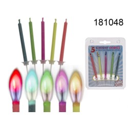 5 candele party con 5 colori diversi & portacandeline di plastica su blister (durata di luce ca. 8 min.)EAN 4029811345335