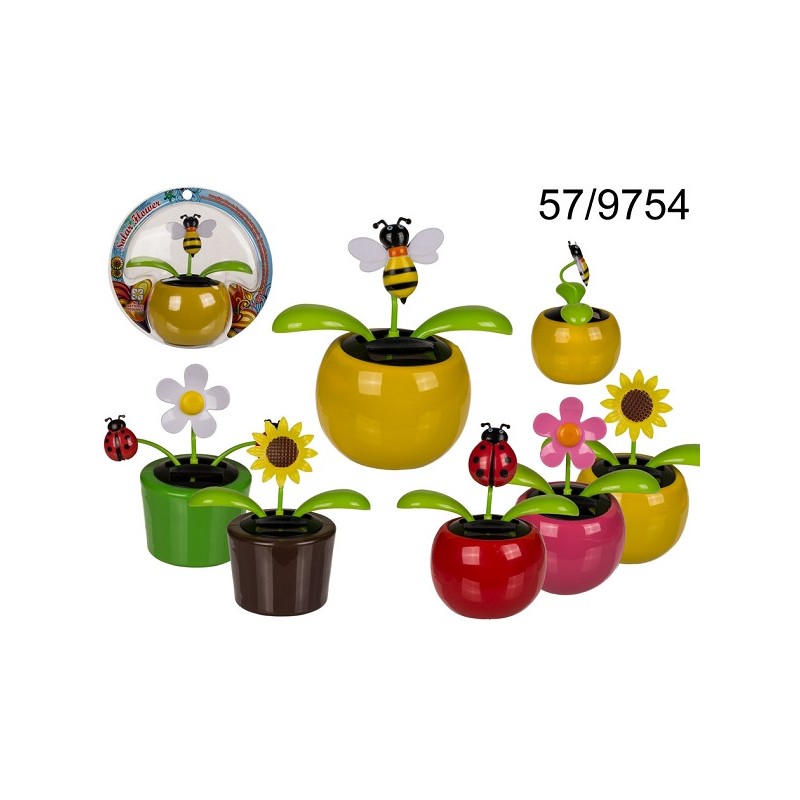 57/9754 - Fiore con movimento & insetto in vaso di plastica con panello solare, ca 11 cm, 6 ass. su blister da appendere, 1200/
