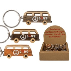 Portachiavi in metallo,Bus hippy in legno naturale, ca. 4 cm, 3 ass. 48 pz per display