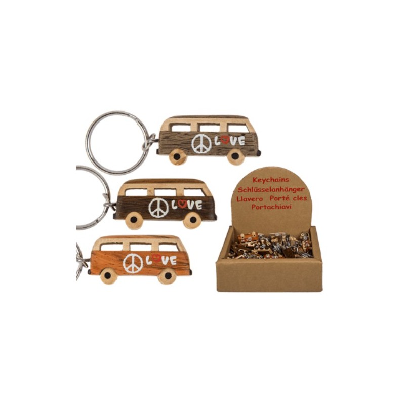 Portachiavi in metallo,Bus hippy in legno naturale, ca. 4 cm, 3 ass. 48 pz per display
