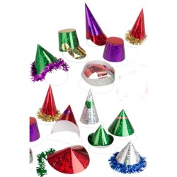 72 cappellini metallizzatiConfezione composta da 72 cappellini assortiti in carta metallizzata con ologrammi, ideali come gadge