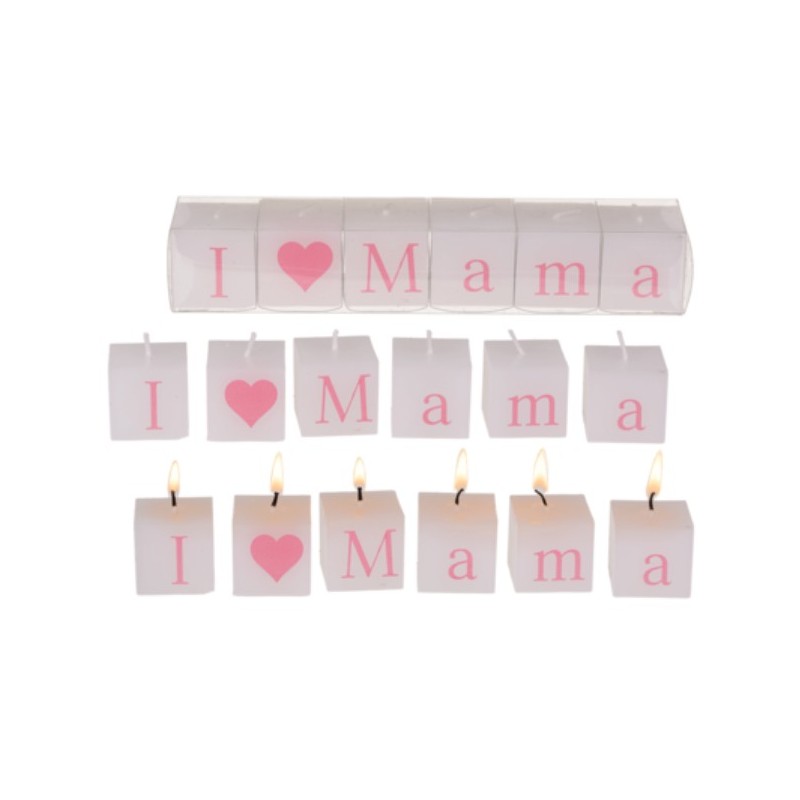 regalo per la Mamma Insieme di candele con scritta, I love Mama, ca. 3 x 3 cm, set da 6 in box di plastica