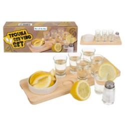 Servizio set per tequila, 9 pezzi(6 bicchierini, 1 saliera, 1 ciotolina in terraglia & 1 vassoio in legno), in confezione regal