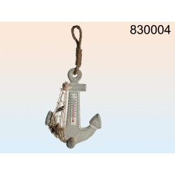 830004 - Termometro in legno color natura, Áncora, rete & decorazione di conchiglie e stella marina, con nastro di iuta da appe