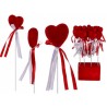 Spilla in plastica,cuore rosso rivestito in velluto & nastro rosso/bianco, ca. 4, 5 x 23 cm, 12 pz. per display