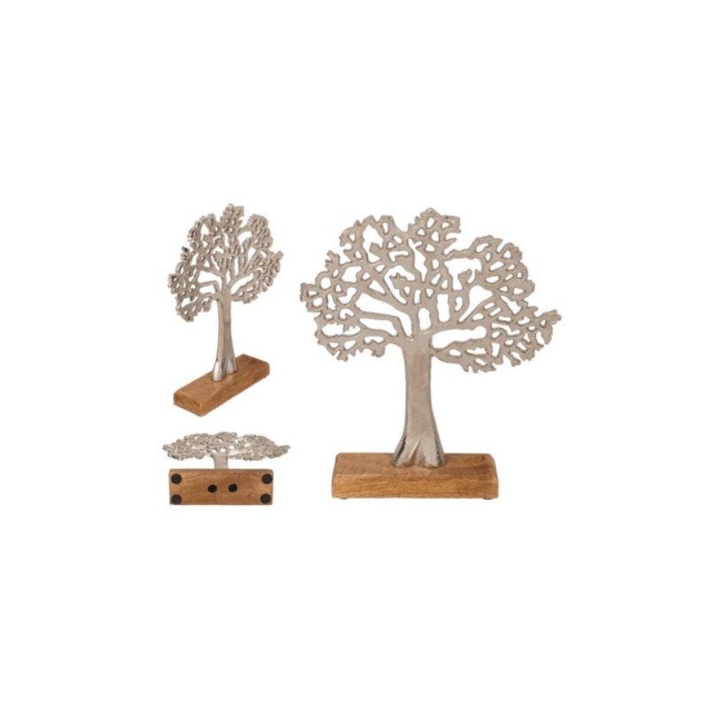 Albero della vita in metallo argentato,su base di legno, ca. 22 x 27 cm