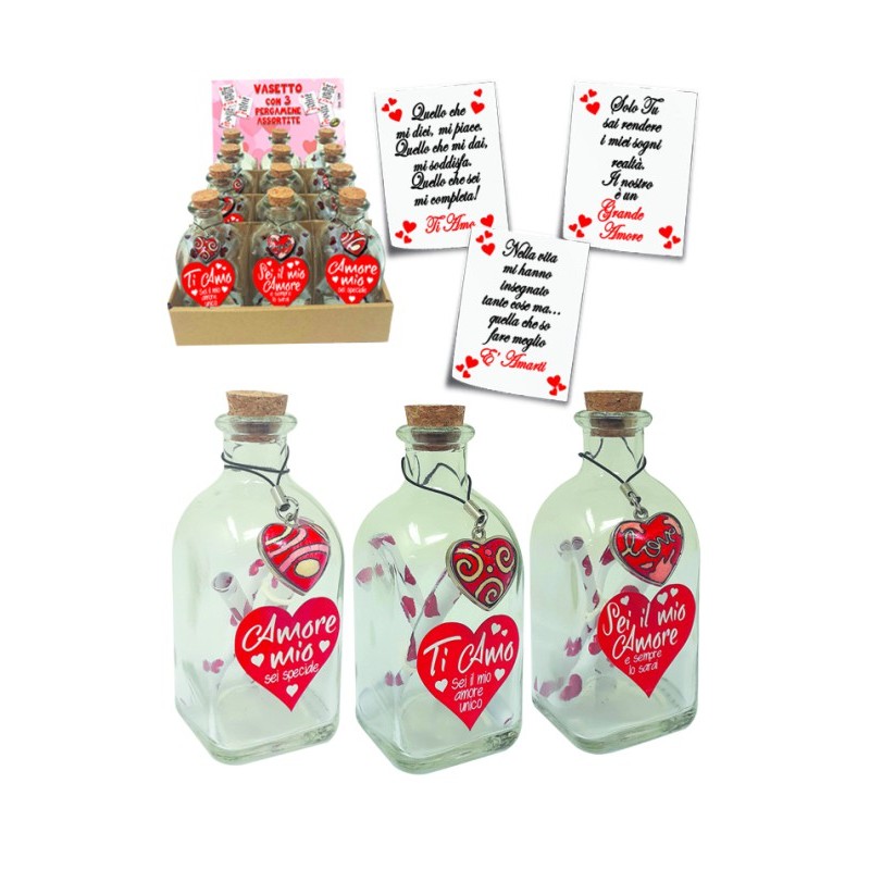 VASETTO IN VETRO CON 3 PERGAMENE AMORE E CUORICINIORDINE MINIMO 12 PZ. ASSORTITI CON ESPOSITORE IN OMAGGIO