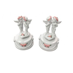 Angeli resina fiori rosa coppia c/carillon h cm 18