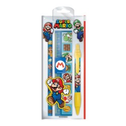 Borsa astuccio  portacarte, personaggi di Super Mario  con accessori, penna, righello, temperino