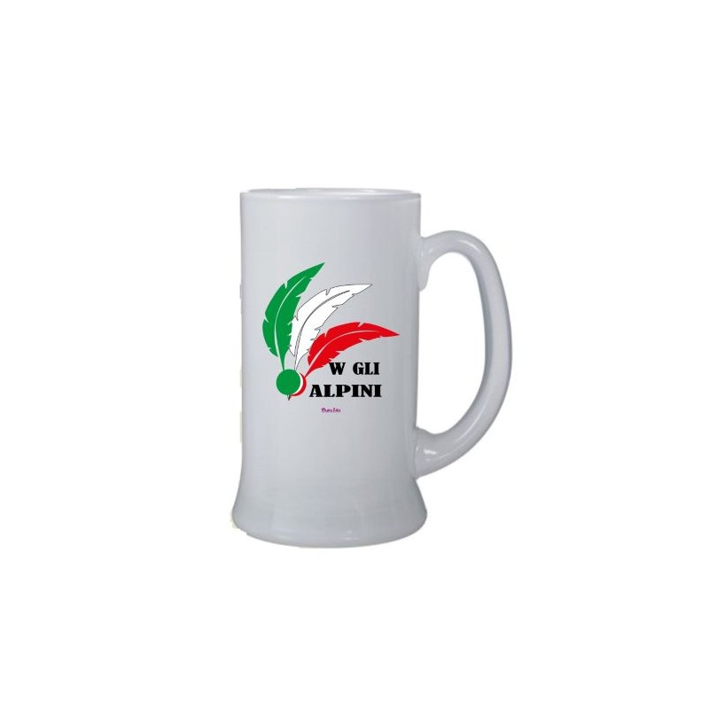 Boccale birra in vetro ml 500 con stampa w gli alpini con penne tricolore