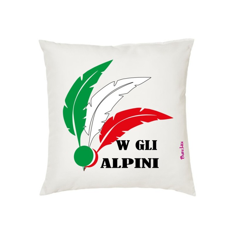 Cuscino in poliestere 40x40 con stampa W gli alpini con penne tricolore