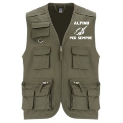 Gilet multiuso con tasconi colore verde militare con stampa ALPINO PER SEMPRE