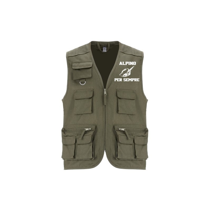 Gilet multiuso con tasconi colore verde militare con stampa ALPINO PER SEMPRE