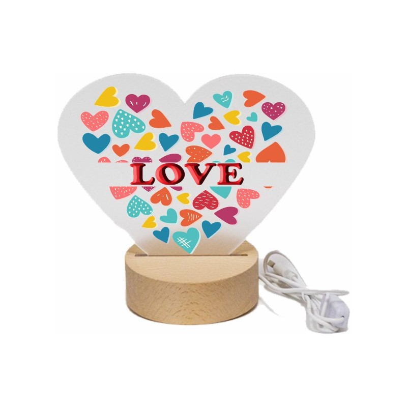 Lamppada in plexiglas cuore 19x14,4 cm con stampa cuore love su base in legno conled bianchi