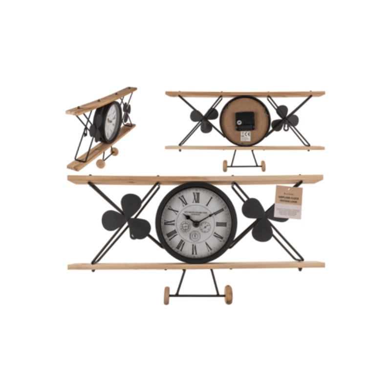 Orologio a forma di aeroplano look vintage metallo e legno, circa 47 x 24,5 x 4,5 cm